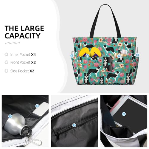 Border Collie Florals Print Beach Tote Large Capacity Beach Travel Bag Waterproof Sandproof And Lightweight2