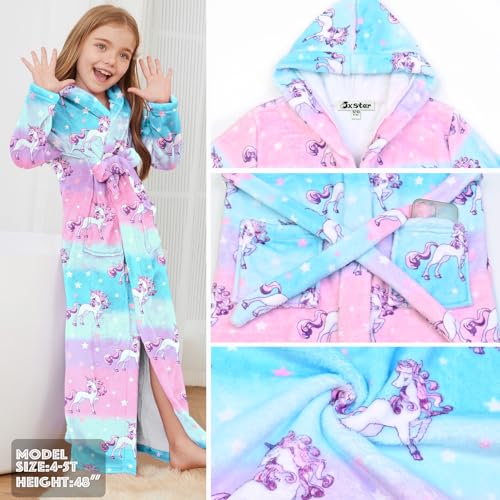 Image of Jxstar Girls Bathrobes Kids Long Hooded Robes Plush Full Length Coral Fleece Pajamas Sleepwear