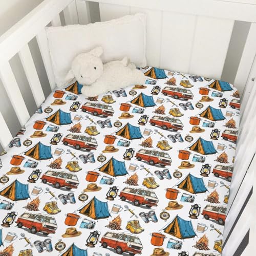 Image of Vintage Camping Hiking Baby Crib Sheet 52''x28'' Outdoor Camp Snug Fitted Crib Mattress Cover for Boy Girl Campfire Soft Nursery Baby Bed Sheet for Standard Crib and Toddler Mattresses