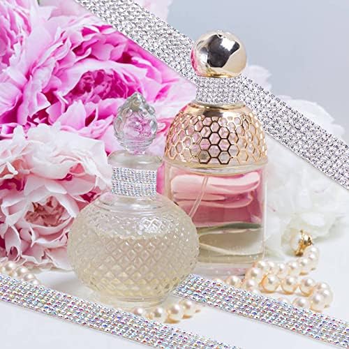 AFUNTA 3 Rolls Rhinestone Ribbon Self Adhesive, 3 Yards Crystal Ribbon Glitter Ribbons Bling Ribbons Roll for Wedding Cakes Birthday Crafts Decorations (Silver AB Pink)