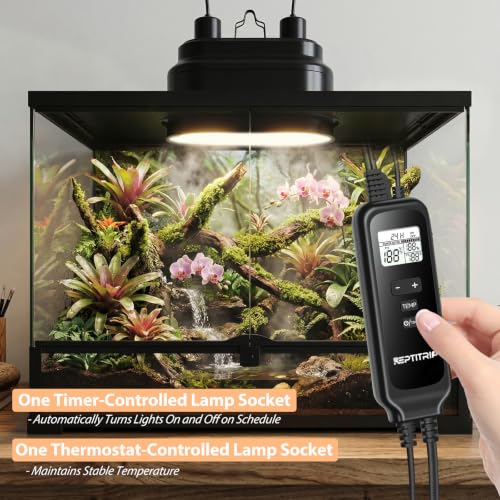 Image of Dual Reptile Light Fixture with Timer & PID Dimming Thermostat, Day-Night Heat & Light Cycle, Heat Lamp for Bearded Dragons Terrariums, Max 160W Per Socket (No Bulbs)