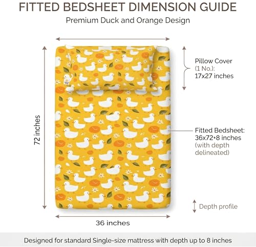 Image of VAS COLLECTIONS Single Bed Fitted Bedsheet 36x72+8 Inches with 1 Pillow Cover | 180 TC Microfiber Elastic Bed Sheet | Soft Breathable Cute Printed Design for Kids & Couples (Kid Duck Print)