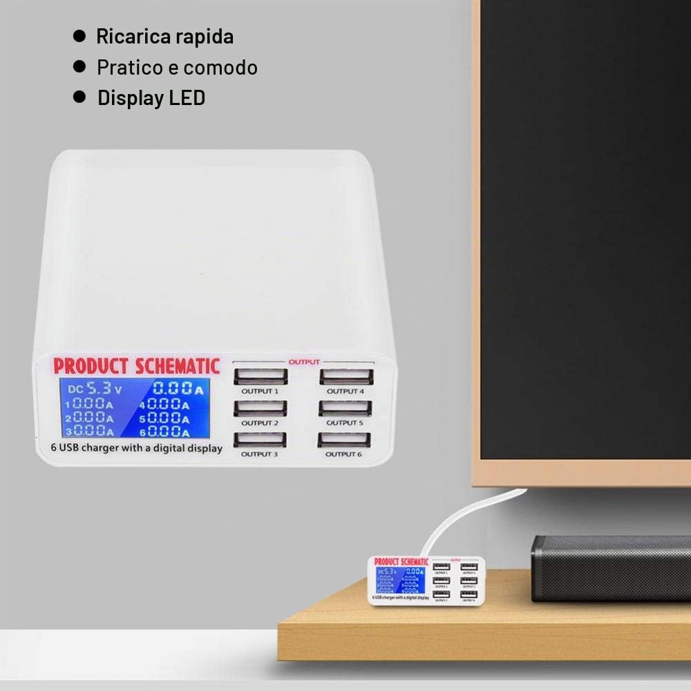 Estink Caricatore USB 6 Porte 6A con LCD | Schermo LCD, 6 porte, 6A, per cellulari e tablet, spina EU