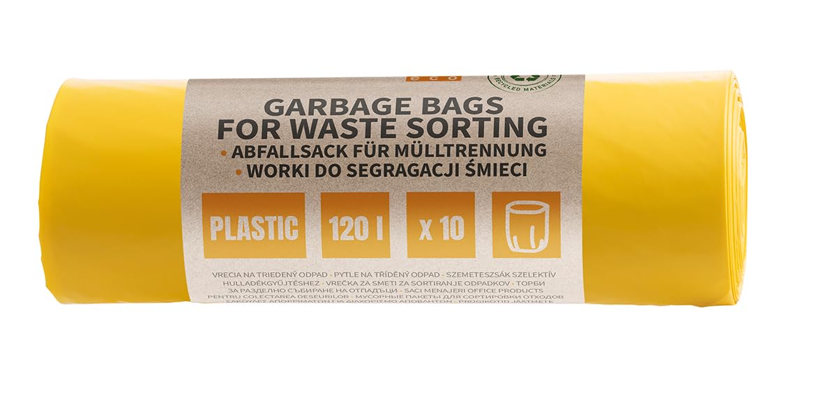 DONAU ECO worki na śmieci 120 l, mocne, do metalu, tworzywa sztucznego/żółtego, 10 worków na śmieci, 1 rolka, certyfikat "Blauer Engel", 100% materiał pochodzący z recyklingu (LDPE) / worek na śmieci