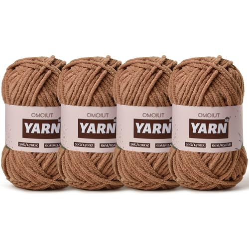 Image of 4 Packs Plush Chenille Chunky Crochet Yarn - Baby Yarn for Crocheting Soft - Velvet Yarns Knitting for Blankets Crafts - Fluffy Amigurumi Yarns 200g /262.5yds (4 Light Coffee)