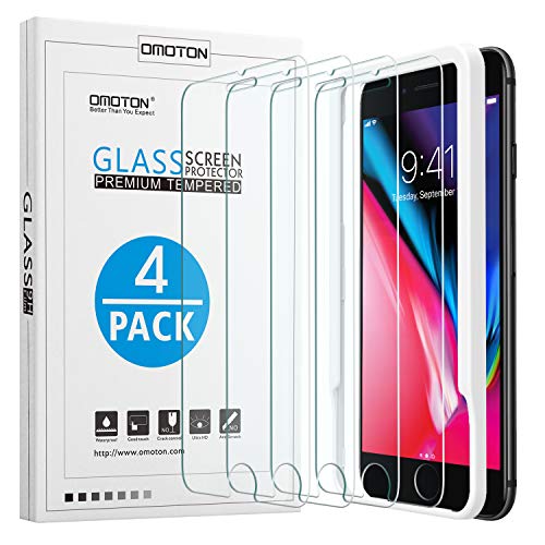 OMOTON [4-Pack] Screen Protector for Iphone 8 Plus/ 7 Plus /6S Plus/ 6 Plus, 5.5Inch - Tempered Glass/ Guide Frame/ Easy Installation
