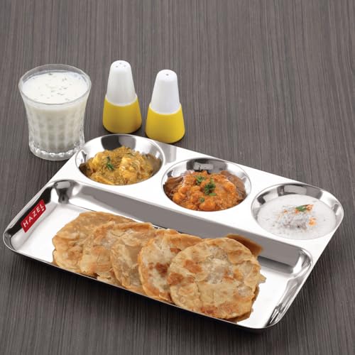 Image of HAZEL Stainless Steel 4 Compartment Section Plate | All in 1 Thali | Divided Lunch Tray for Meals, Portion Control & Daily Dining Use