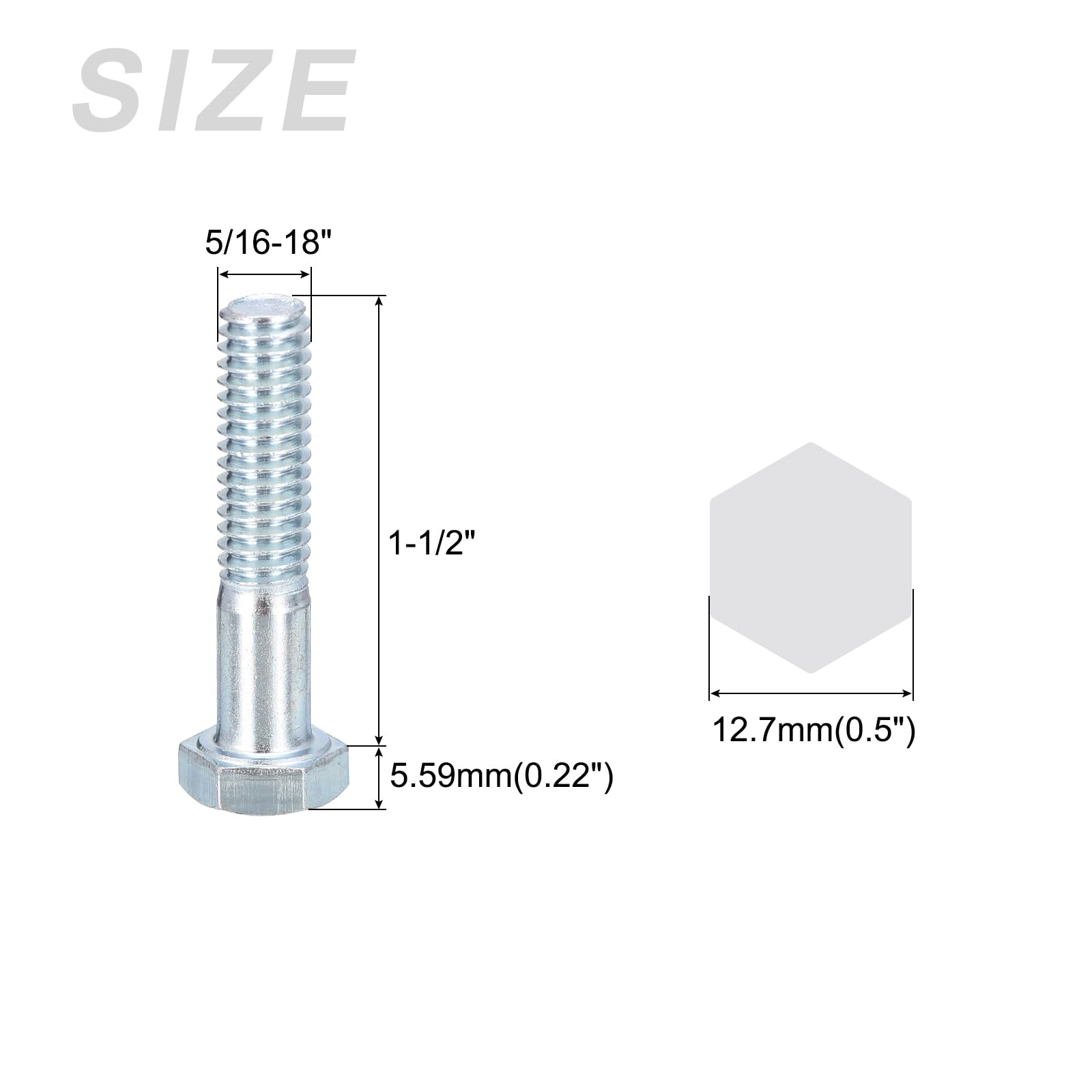 METALLIXITY Hex Bolts (5/16-18x1-1/2") 10Pcs, Carbon Steel Zinc Plated, Coarse Thread UNC Hex Head Screw Bolt - Image 2
