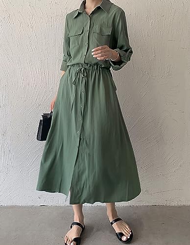 Image of Women Roll-Up Long Sleeve Button Down Shirt Midi Dress