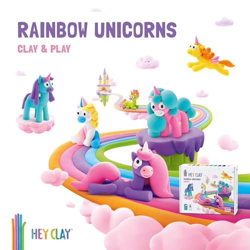 Image of HEY CLAY Modelling Air-Dry Clay with Fun Interactive App - Modeling Clay and Crafts Set for Kids Ages 3 to 8 - Series Rainbow Unicorns, 3 cans (Sunny)