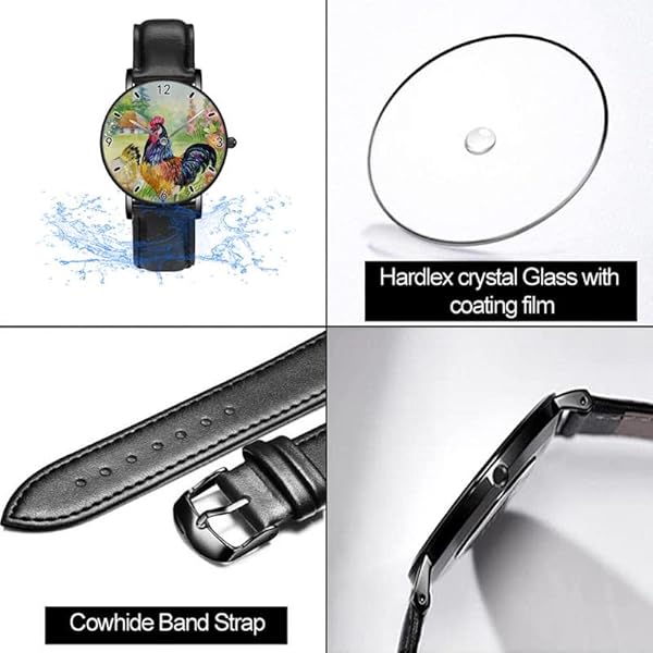 Aquarel Boerderij Vogel Haan Omringd door Bloemen Horloges Persoonlijkheid Business Casual Horloges Mannen Vrouwen Quartz Analoge Horloges, Zwart