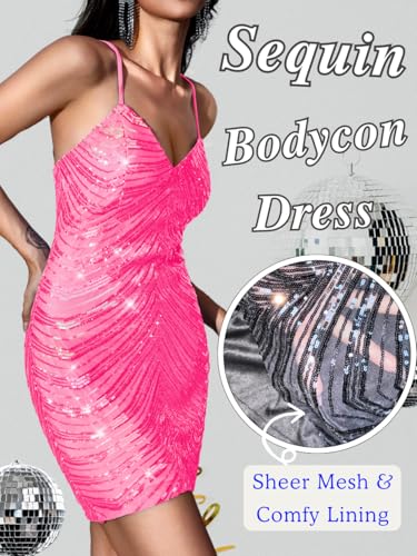 Image of Kaei&Shi Sequin Mini Dress,V Neck Spaghetti Strap Sparkly Prom Dresses for Women,Sexy Birthday Outfit HOCO Cocktail Nye Party