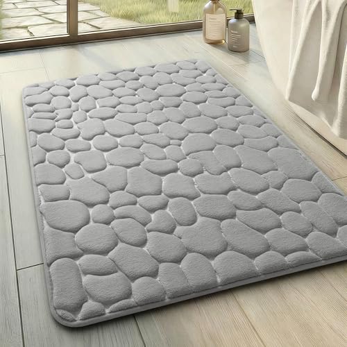 chakme Badematte Memoryschaum Badteppich Saugfähige Badvorleger Badezimmerteppich Duschmatte Deko Fussmatte rutschfeste Matte für Badezimmer Wohnzimmer 43×61 cm, Hellgrau