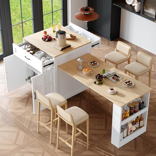 Bladez Isla de cocina con ruedas, mesa de comedor extensible con tapa extraíble, mesa de bar con cajones de almacenamiento y cuatro compartimentos, aparador para cocina y comedor (blanco-D)