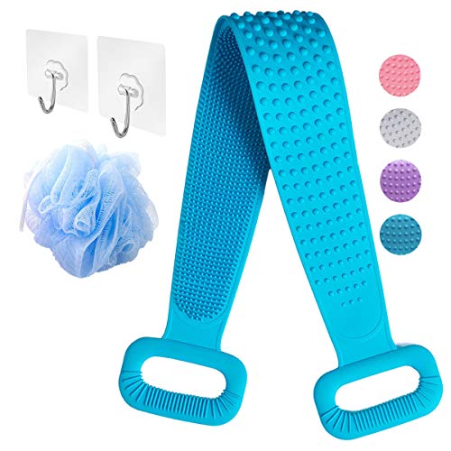 Back Scrubber for Shower Extra Long Silicone Bath Body Brush, 2020 Upgraded Exfoliating Brush, Strong Cleaning, Foams Easily, Skin Friendly Body Scrubber - Blue