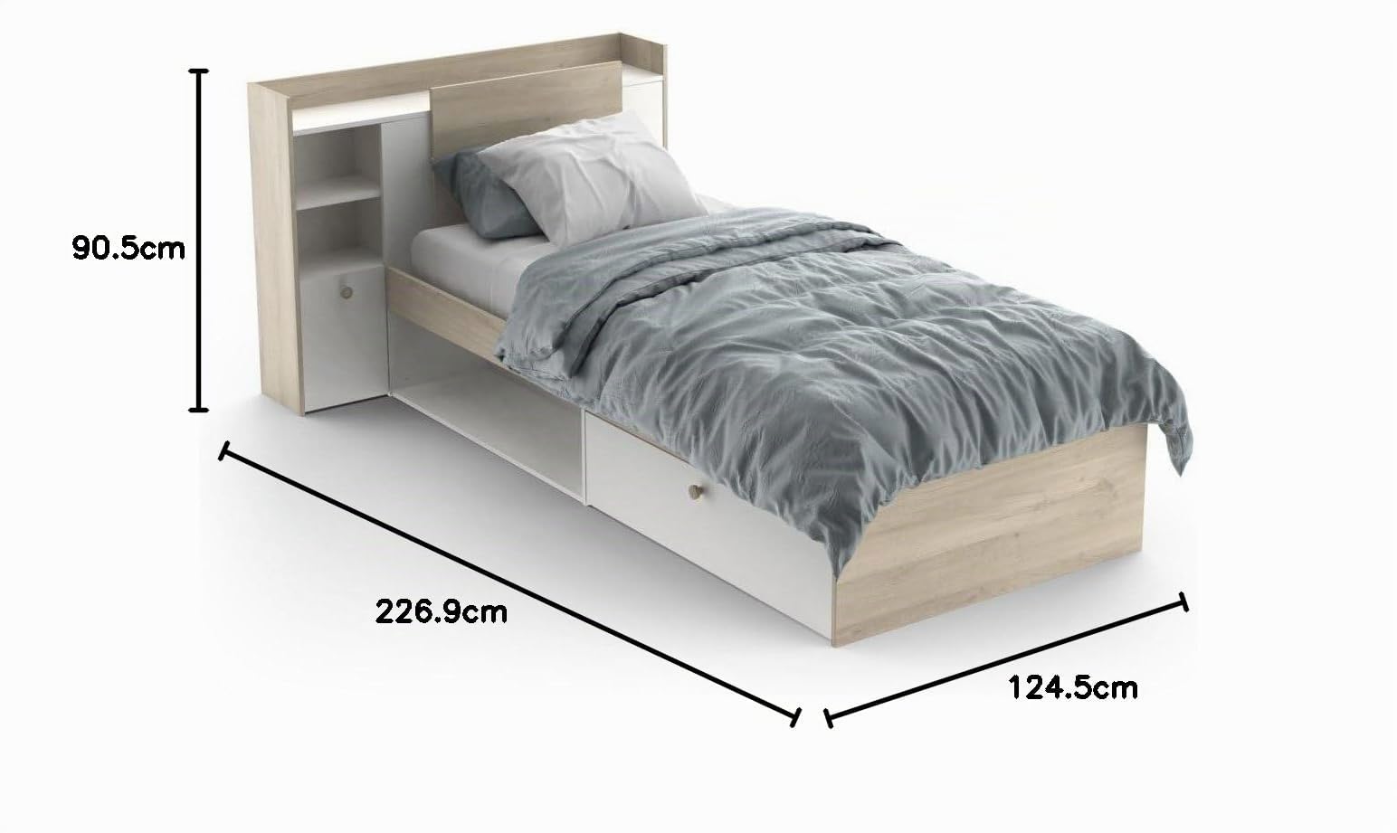 Demeyere Letto Componibile 90 x 190/200 con Contenitore 1 Anta 3 Nicchie 1 Cassetto, Bianco Opaco e Rovere Chiaro, 124.5 x 226.9 x 90.5 cm