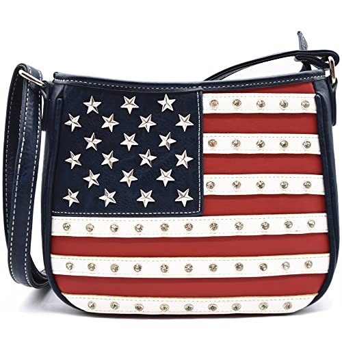 Image of WESTERN ORIGIN American Flag Stars and Stripes Studs Crossbody Handbag USA Patriotic Women Purse Leather Single Shoulder Bag