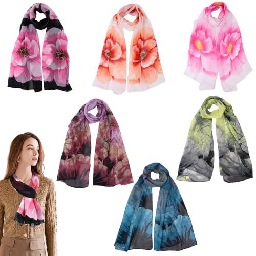 6pcs Scarves for Women Lightweight Elegant Floral Pattern Shawls Wraps Spring Summer Fashion Long Thin Scarf Elegant Clothing Accessories