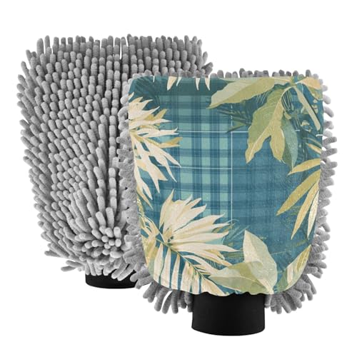 Tropical Style Blue Plaid Green Leaves Car Wash Mitts Microfiber Scratch-Free Wash Mitts for Cars Sponges for Car Washing