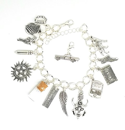 Supernatural Charm Bracelet, Deans Amulet, Mrs. Winchester, Bullet, Colt, Vampire Teeth, Anti-possession Devil's Trap Symbol, Salt Bottle, Werewolf, Angel Wing and more. PLUS an Impala Charm!