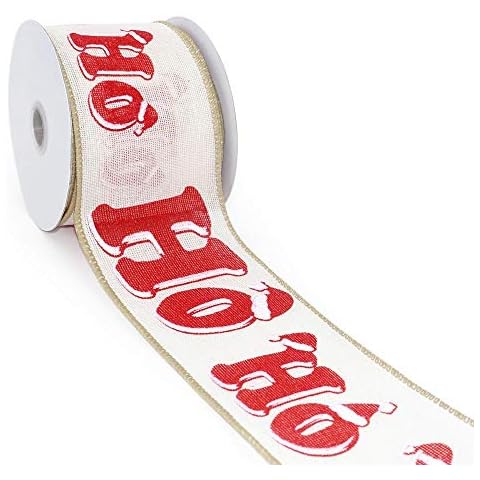 CT CRAFT LLC Ct Craft Ivory Canvas Print Red Ho Ho Ho Wired Ribbon - 2.5 Inch X 10 Yards X 1 Roll Cover