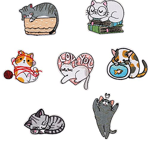 CHENC Embroidery Iron-on Patches, Lucky 7PCS Cute Cat Iron-on Kids Craft Patches for Handbags Jackets Jeans Clothes, Embroidery Patches for Clothes Backpacks, Sewing Applique DIY Accessories Patches