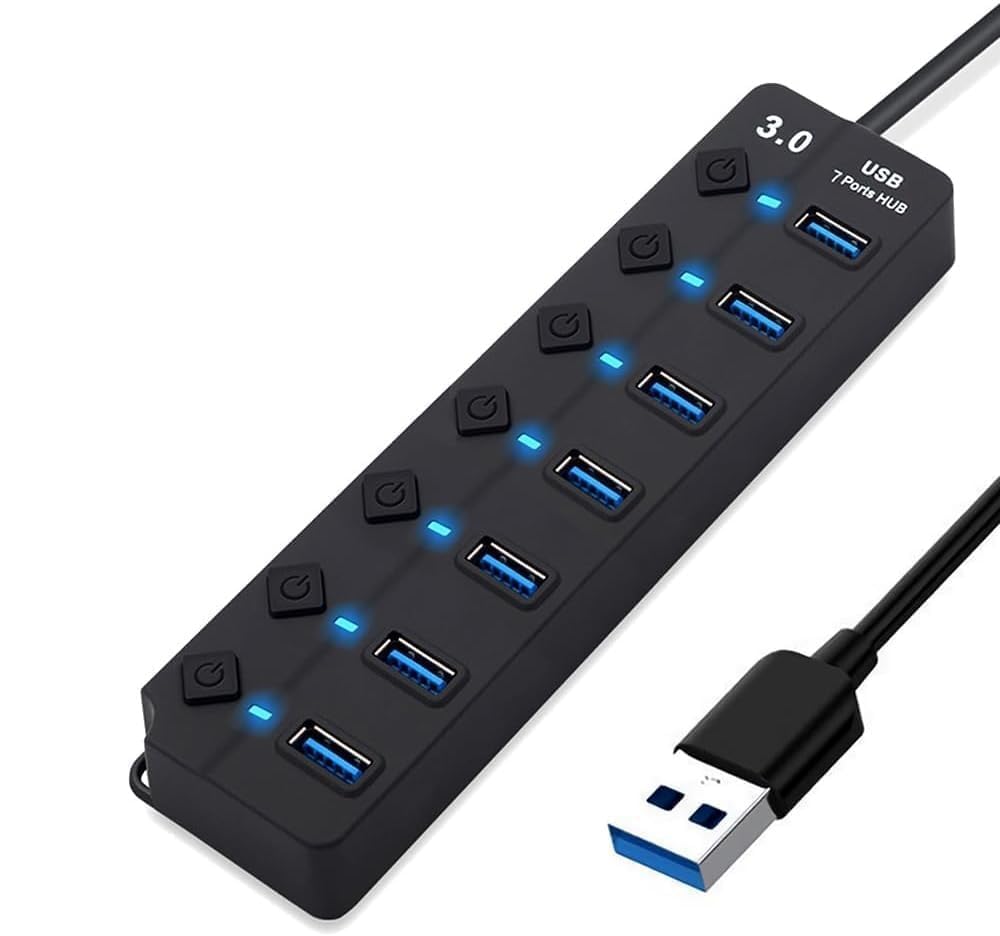 WROPZO USB Hub 3.0 7-Port with 5Gbps High-Speed Data Transfer and 1 Charging-Only Port 12W, 5V/3A Power Adapter, Long Cable, LED On/Off Switches for Laptop PC Flash Drive SSD HDD Keyboard Mouse-image-22