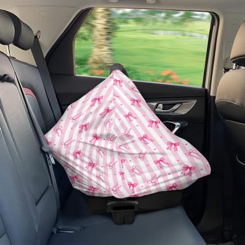 Image of Pink Bow Carseat Canopy Cover Baby Girl Boy, Machine Washable