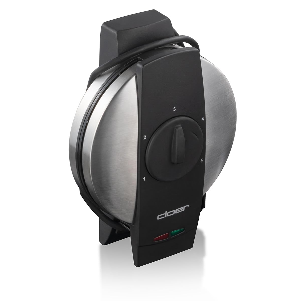Cloer 1639SR Waffeleisen, Herzwaffel 15,5 cm Ø, doppelte Antihaftbeschichtung, zuckerresistent, 930 W, Backampel, praktische Standfunktion, hochwertiges Edelstahlgehäuse, Edelstahl