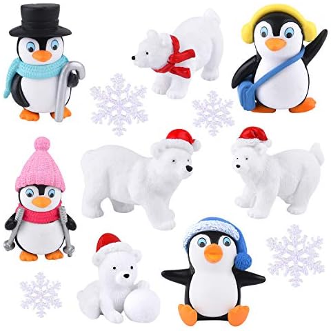 FEPITO 12 Unids Resina de Invierno Pingüino Oso Polar Copos de Nieve Miniatura Figura de Juguete Mini Figuras de Navidad Cover