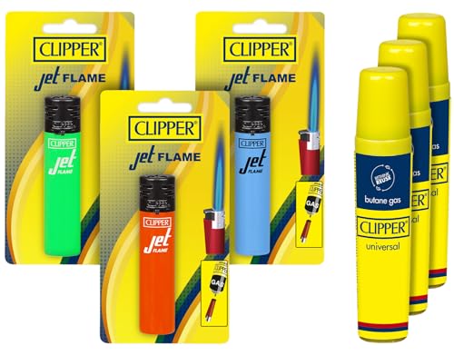 Clipper Minitube Lighter Bundle - 3 Refillable Solid Jet Torch Lighters with 3 16ml Butane Refill Cans - Portable Eco-Friendly Adjustable Flame Lighters Colors Will Vary