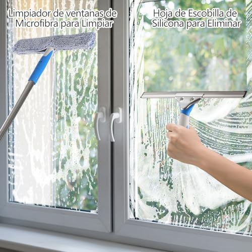 Mitclear Limpiacristales con Mango Extensible(196cm), Limpiador de Ventanas con Escobilla de Silicona & Paños de Microfibra, Kit de Limpieza de Cristales para Espejos Azulejos Coche Ducha Cristal - imagen 5