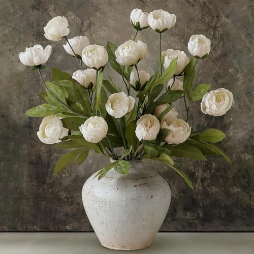 VIERENA 6 Pcs Faux Silk Peony Artificial Flowers for Vase -27', Bulk Fake Peonies Branches with Stems for DIY Bouquet Centerpieces Wedding Fillers Arrangements Shower Decorations (Cream)