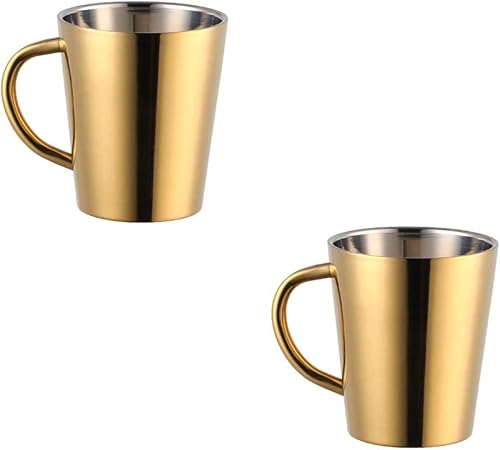 Juego de 2 tazas de café de acero inoxidable 18/8 de 10 onzas, tazas de café aisladas de doble pared con asas, aptas para lavavajillas, color dorado
