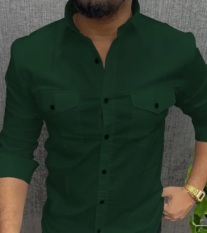 Image of DEELMO Men's Classic Cotton Blend Slim Fit Shirt || Full Sleeve Button-Down Casual Shirt with Dual Flap Pockets || Soft Breathable Fabric || Ideal for Office Party and Everyday Wear