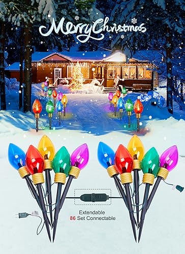 Brightown Jumbo C9 Christmas Pathway Lights Outdoor - 2 Pack Total 17 Feet 10 Led C9 Walkway Lights, Multicolor Bulb Holiday Pathway Lights With Marker Stakes thumb #4