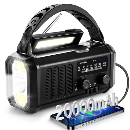 Winnes 20000 mAh Radio de Emergencia Portátil,Radio FM/Am con lámpara de Lectura, Alarma SOS, brújula,generador de manivela y Carga Solar, para Exteriores Carga de Emergencia para Smartphones (Negro)