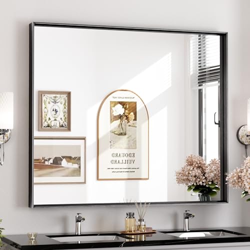 Image of Keonjinn 42x36 Inch Matte Black Bathroom Mirror for Over Sink, Rectangular