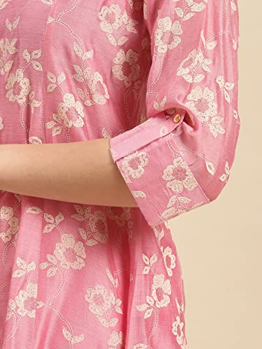 Image of rangita Pink Chanderi Calf Length Printed Flared Kurti for Women | Kurta for Women