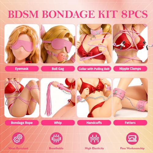 Image of BDSM Bondage Sex Toys Restraints - 8 Kit Gear for Ball Gag Sex Whip Cuffs Rope Collar Blindfold Leash (Pink)