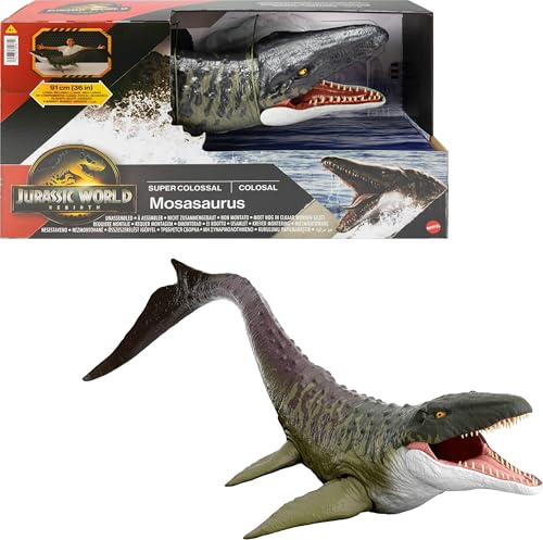 Mattel Jurassic World Rebirth Riesendino Mosasaurus-Actionfigur Dinosaurierspielzeug mit 2 Angriffsbewegungen filmgetreues und bewegliches Design JGB51