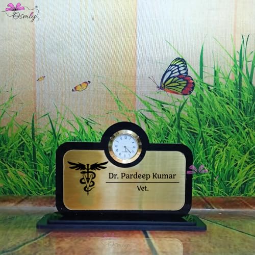 Image of Acrylic Laser Engraved Table Sign Stand, Laser Engraved Sign or Name Plate for Doctor, Teacher, Advocate, Medical, Proprotor office or personal use (Acrylic Table Name Plate with Clock)