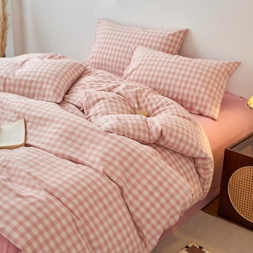 Image of EAVD Vintage Style Gingham Plaid Duvet Cover Full Pink White Soft 100% Washed Cotton Chic Warm Checkered Bedding Set with 2 Pillowcases Farmhouse Grid Gingham Duvet Cover with Zipper Closure