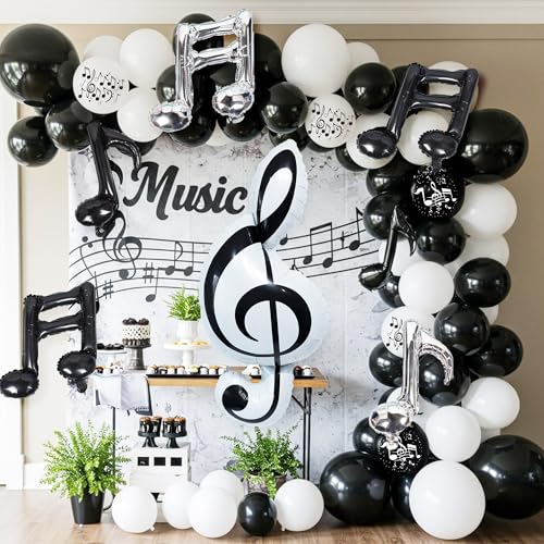 Music Note Balloon Garland Kit，129pcs Black White Musical Note Balloons, Treble Clef Eighth Note Foil Balloons for Music Party Decoration, Concert, Recital, Rock Star Birthday, Graduation, Baby Shower