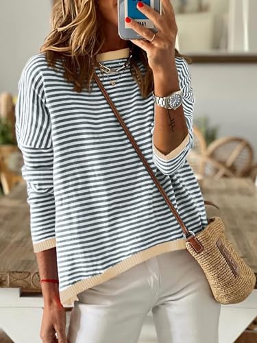 Image of Wowcarbazole Women's Pullover Sweaters Striped Long Sleeve Crew Neck Color Block Sweater Tops Casual Loose Knit Shirts