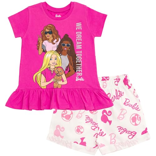 Barbie Toddler Girls Peplum T-Shirt and Twill Shorts Outfit Set Logo Hot Pink We Dream Together 5T