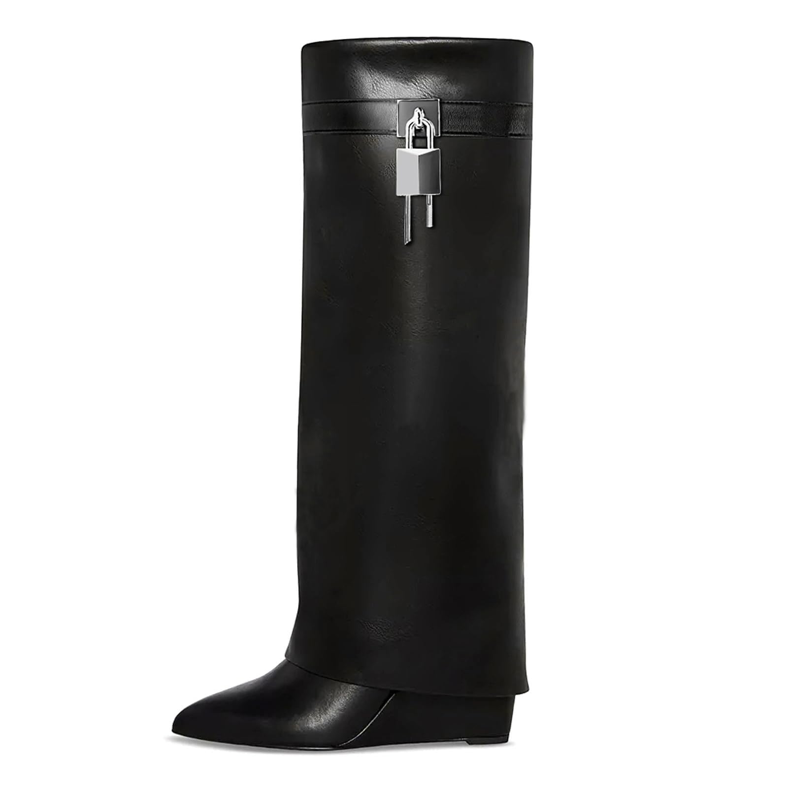 Fold over Boots for Women Knee High Black Boots Pointed Toe Wedge Heel Wide Calf Faux Leather Shark