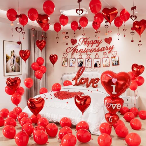 Adeyoo Anniversary Decorations - Valentines Day Decorations with Happy Anniversary Banner and Photo Banner Red Heart Balloons I Love You Foil Balloons Rose Petals for Romantic Valentines Party