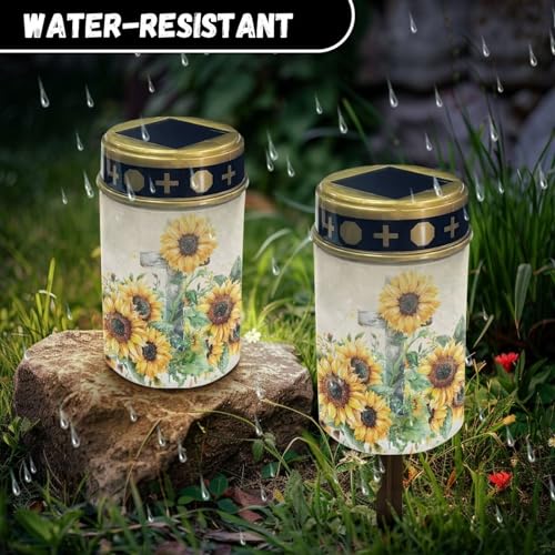Image of Sunflower and Cross Light for Prayer Cemetery Solar Lights for Grave Cemetery Decor Candle Lamp Waterproof Solar Power Light Eternal Lights for Graves Cemetery Memorial Gift 2 Pcs