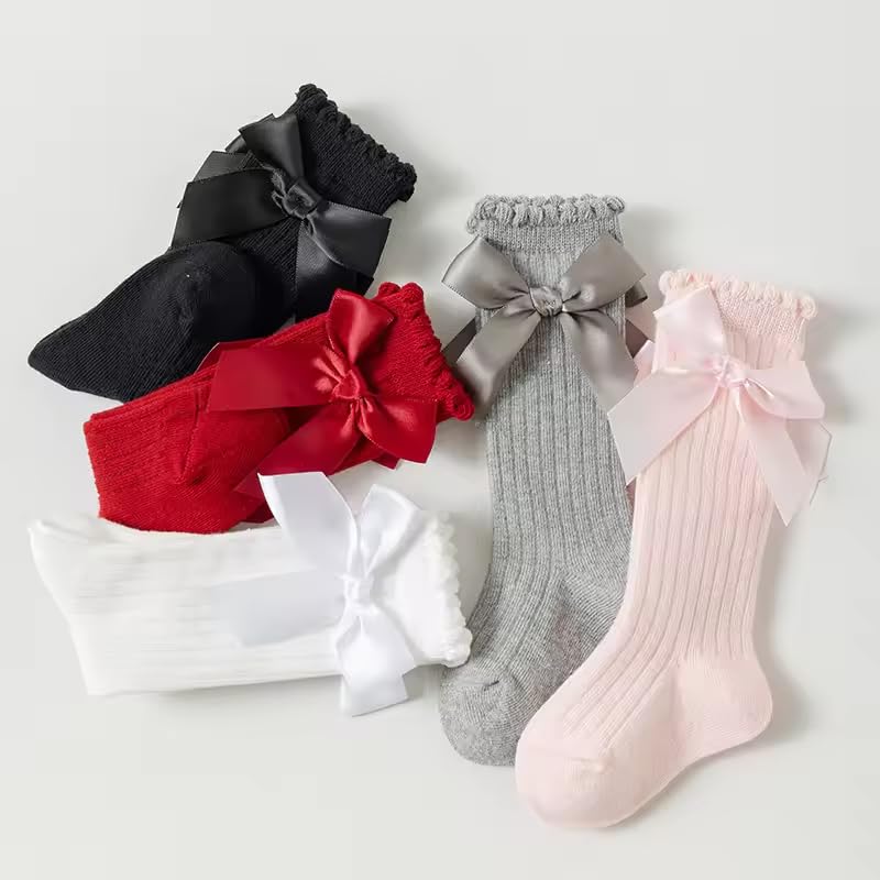 Lyonardo Baby Girl Cotton Knee HIGH Socks with Bows | Soft, Comfortable & Breathable, Photoshoot, Birthday, Casual Outdoor wear(Pack of 4 Pairs) (IN, Age, 6 Months, 12 Months, 4, Multicolor) 3
